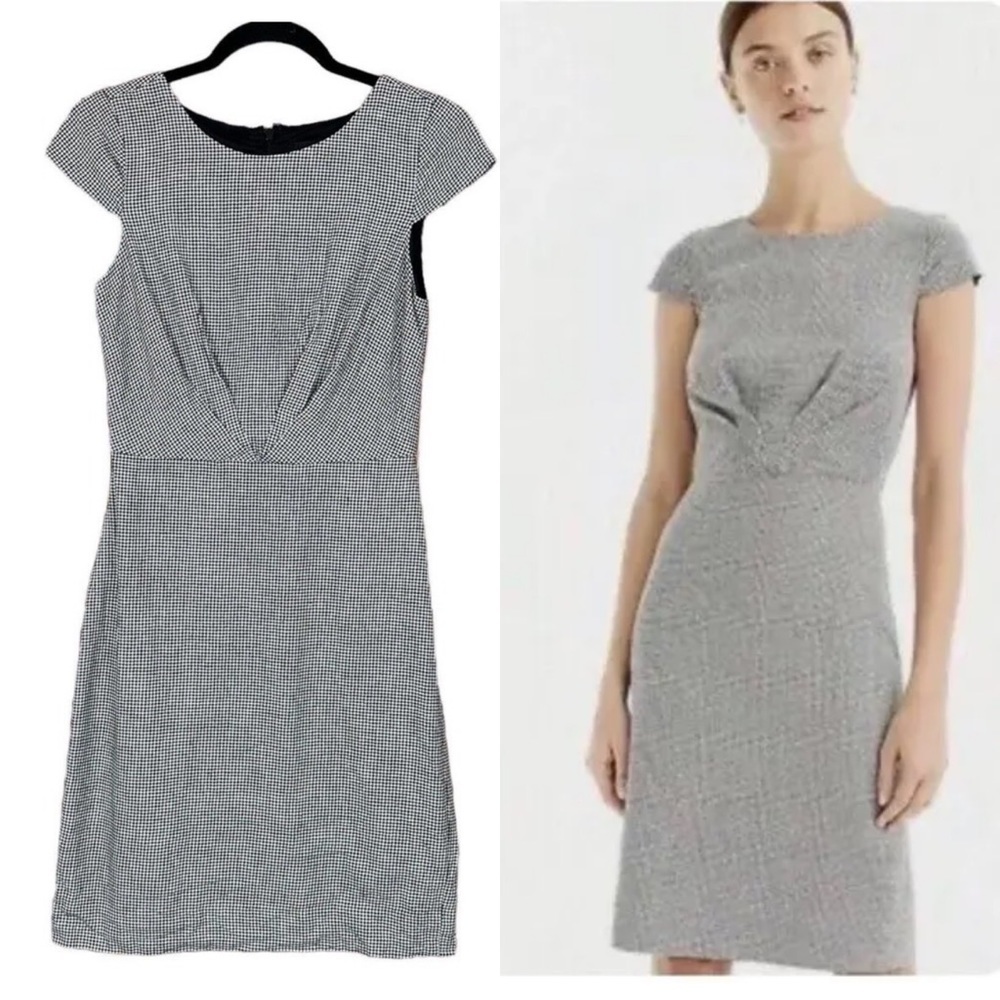 J. Crew 365 Linen Sheath Dress In Mini Houndstooth Print Black White Work Size 2